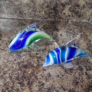 Glass Dolphin Figurines - Blue and Green Set Of 2